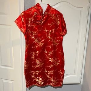 Red silk kimono dress with slit